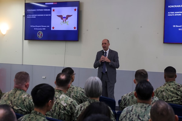 Japan (December 3, 2025) – Acting Assistant Secretary of War for Health Affairs Dr. Stephen Ferrara talks with U.S. Naval Hospital Okinawa staff during an all hands call Dec. 3, 2025. Ferrara was at the hospital to meet with leadership, learn first-hand about hospital operations, and show his support for the work being done at the facility. (U.S. Navy photo by Mass Communication Specialist 1st Class Trey Fowler)