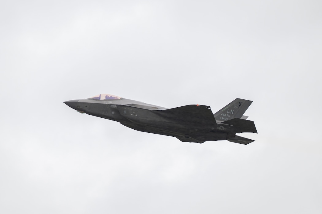 A U.S. Air Force F-35 Lightning II takes off for a training mission across the Baltic states from RAF Lakenheath