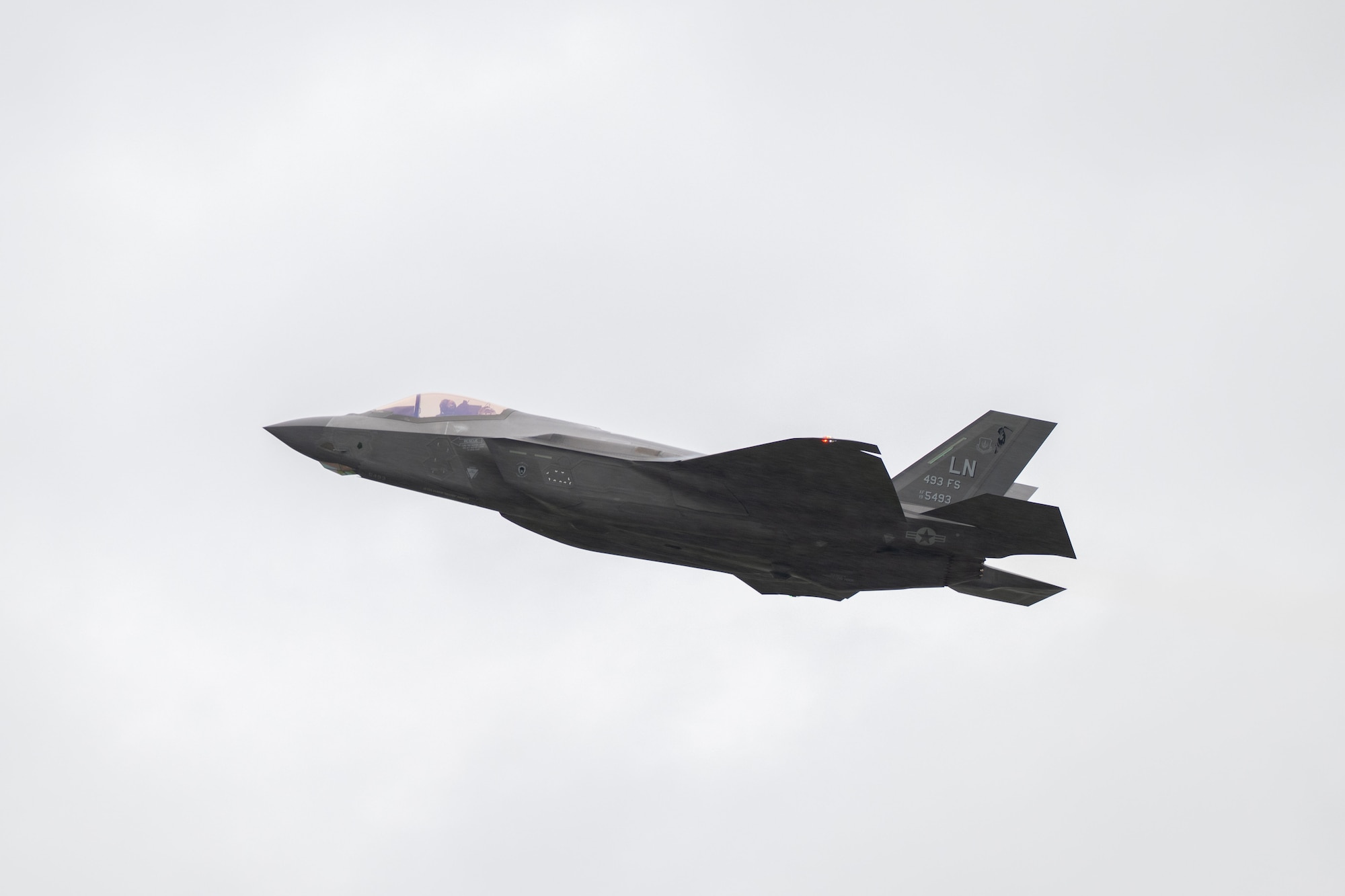 A U.S. Air Force F-35 Lightning II takes off for a training mission across the Baltic states from RAF Lakenheath