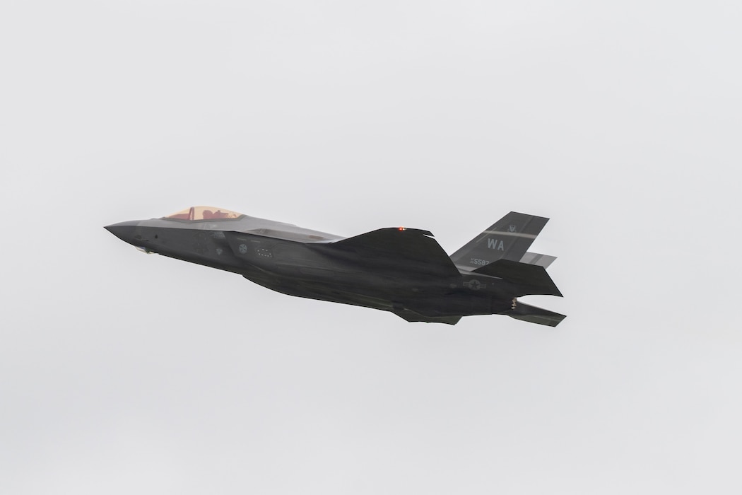 A U.S. Air Force F-35 Lightning II takes off for a training mission over the Baltic states from RAF Lakenheath