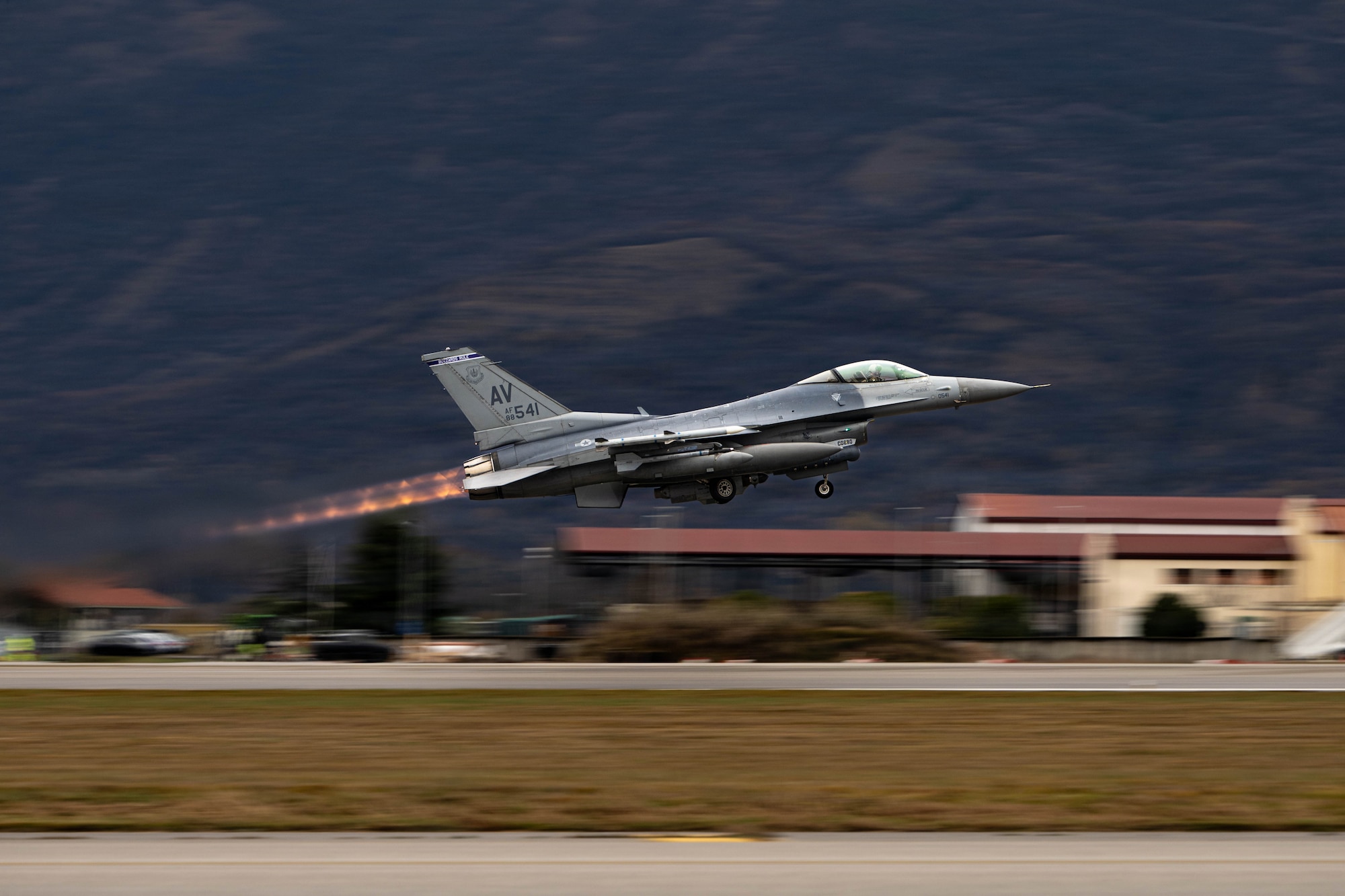A U.S. Air Force F-16 Fighting Falcon from the 510th Fighter Generation Squadron takes off from Aviano Air Base, Italy, to conduct routine Agile Combat Employment operations in Romania