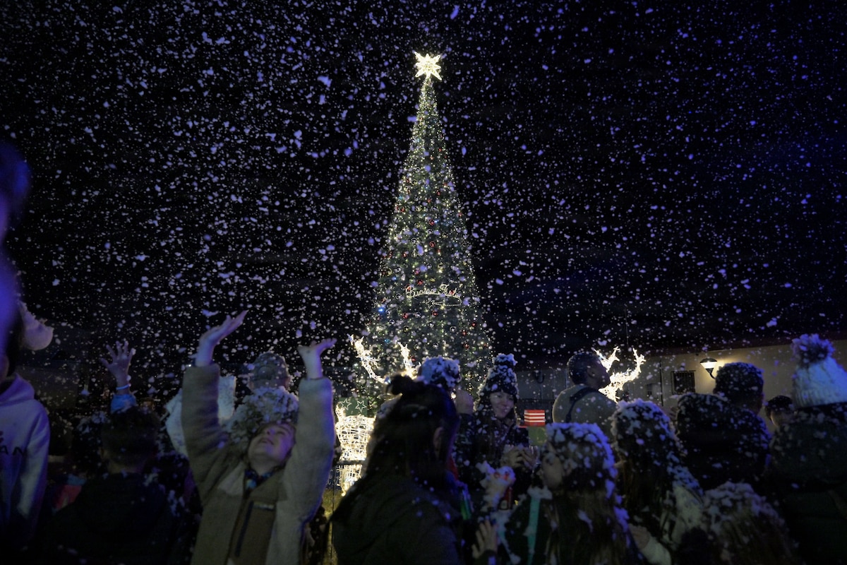 Wyverns celebrate a tree lighting ceremony in artificial snow.