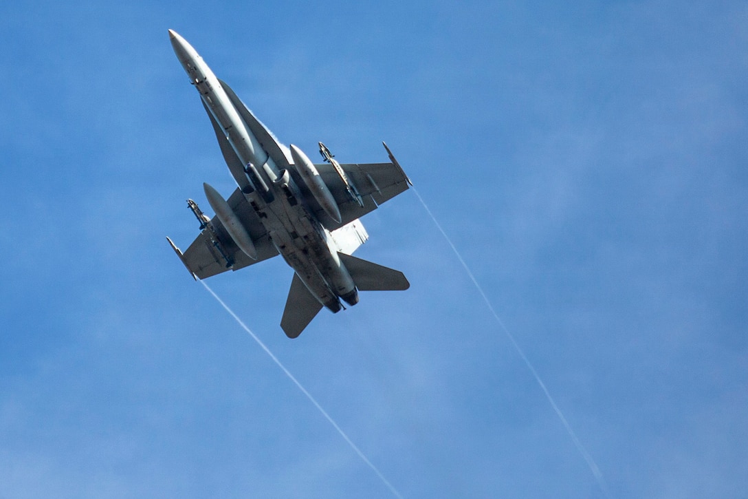 A U.S. Marine Corps F/A-18C Hornet aircraft with Marine Fighting Squadron (VMFA) 112 conducts close air support in support of Marines with 3rd Naval Gunfire Liaison Company, Force Headquarters Group, Marine Forces Reserve, during a tactical air-control party (TACP) exercise at Rattlesnake Range, Hattiesburg, Mississippi, Dec. 3, 2025. TACP exercises prepare prospective joint terminal attack controllers and joint fires observers for formal schools. (U.S. Marine Corps photos by Lance Cpl. Payton Goodrich)