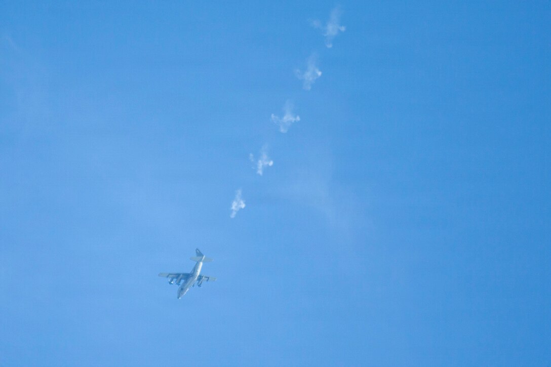 A U.S. Marine Corps C-130J Super Hercules with Marine Aerial Refueler Transport Squadron (VMGR) 234 conducts fire support during a tactical air-control party (TACP) exercise, Hattiesburg, Mississippi, Dec. 3, 2025. TACP exercises prepare prospective joint terminal attack controllers and joint fires observers for formal schools. (U.S. Marine Corps photos by Lance Cpl. Payton Goodrich)