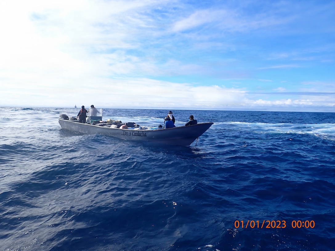 Coast Guard Cutter James' (WMSL 754) crew interdicts a suspected drug smuggling vessel approximately 200 miles south of Puntarenas, Costa Rica, Nov. 15, 2025. The interdiction was one of nine conducted by James’ crew in international waters of the Eastern Pacific Ocean. (U.S. Coast Guard photo by cutter James' crew)