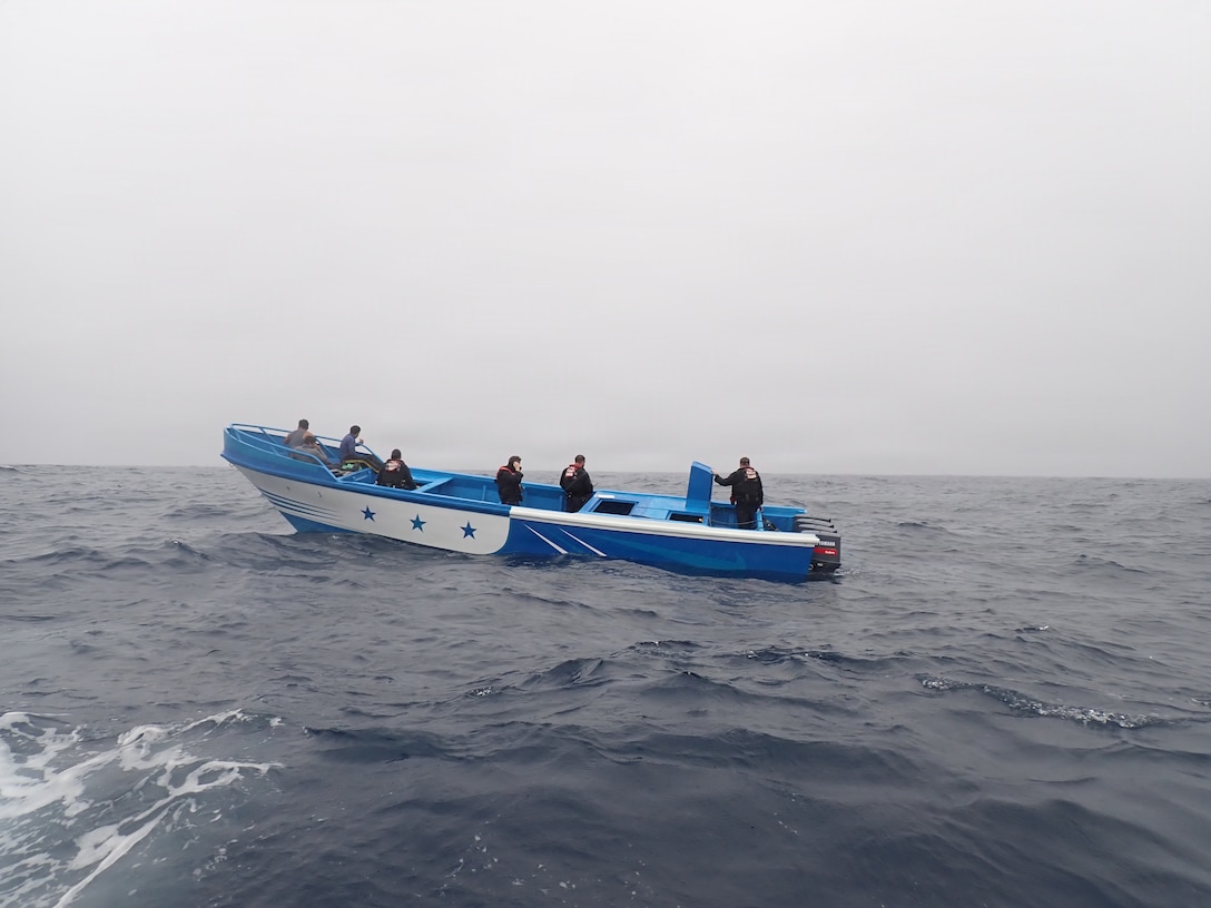 Coast Guard Cutter James' (WMSL 754) crew interdicts a suspected drug smuggling vessel approximately 180 miles south of Panama, Nov. 25, 2025. The interdiction was one of nine conducted by James’ crew in international waters of the Eastern Pacific Ocean. (U.S. Coast Guard photo by cutter James' crew)