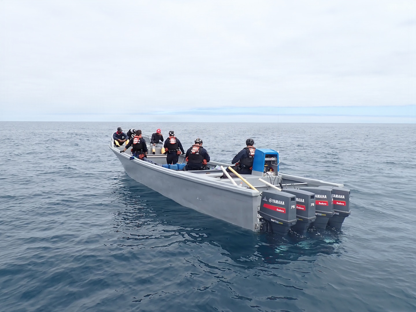 Coast Guard Cutter James' (WMSL 754) crew interdicts a suspected drug smuggling vessel approximately 286 miles west of Manta, Ecuador, Nov. 23, 2025. The interdiction was one of nine conducted by James’ crew in international waters of the Eastern Pacific Ocean. (U.S. Coast Guard photo by cutter James' crew)