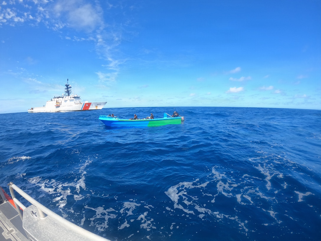Coast Guard Cutter James' (WMSL 754) crew interdicts a suspected drug smuggling vessel approximately 560 miles southwest of Acapulco, Mexico, Oct. 7, 2025. The interdiction was one of nine conducted by James’ crew in international waters of the Eastern Pacific Ocean. (U.S. Coast Guard photo by cutter James' crew)