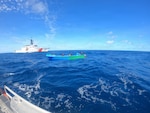 Coast Guard Cutter James' (WMSL 754) crew interdicts a suspected drug smuggling vessel approximately 560 miles southwest of Acapulco, Mexico, Oct. 7, 2025. The interdiction was one of nine conducted by James’ crew in international waters of the Eastern Pacific Ocean. (U.S. Coast Guard photo by cutter James' crew)
