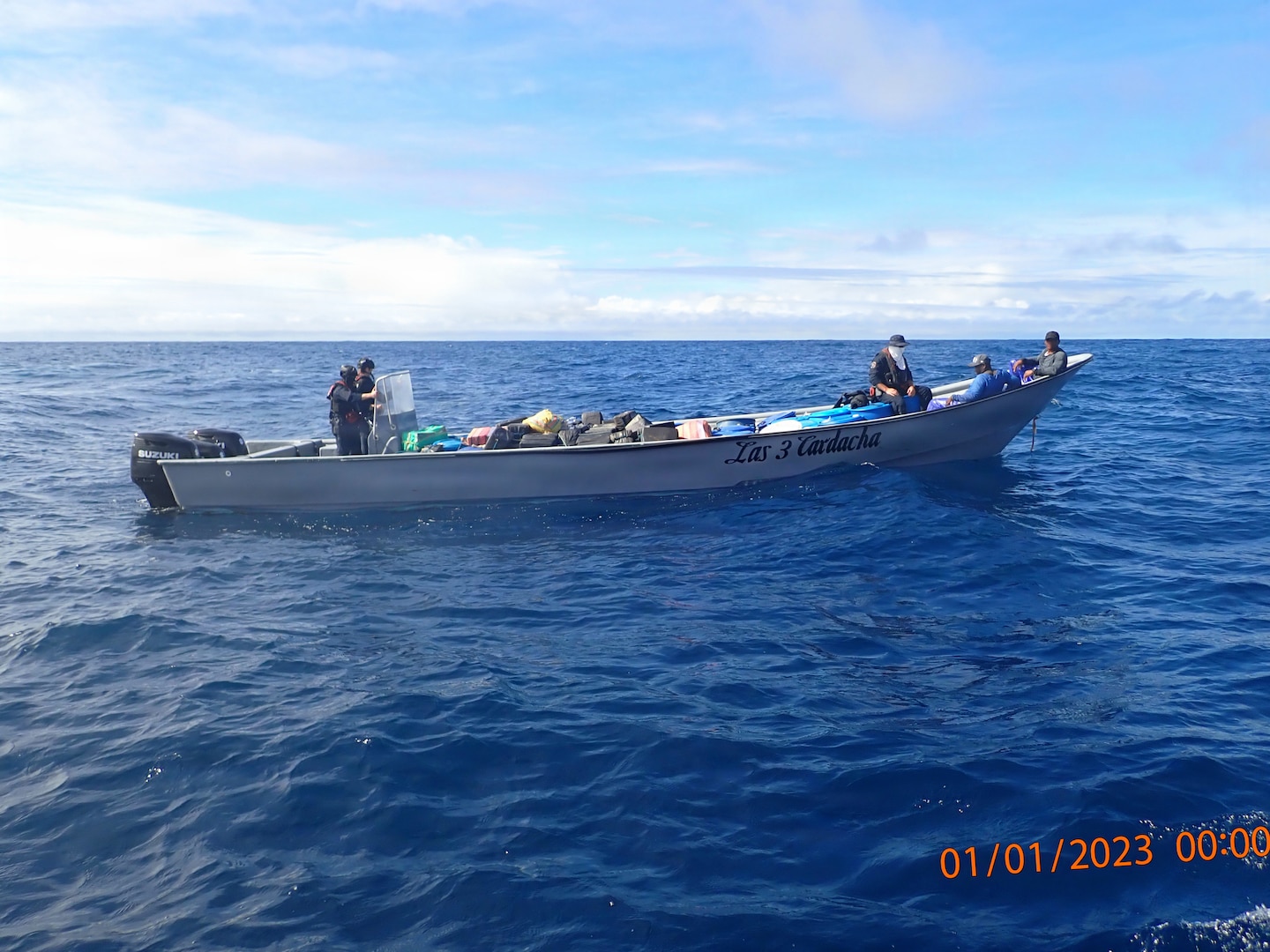 Coast Guard Cutter James' (WMSL 754) crew interdicts a suspected drug smuggling vessel approximately 200 miles south of Punta Arenas, Costa Rica, Nov. 15, 2025. The interdiction was one of nine conducted by James’ crew in international waters of the Eastern Pacific Ocean. (U.S. Coast Guard photo by cutter James' crew)