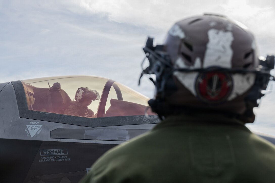 U.S. Marines with Marine Fighter Attack Squadron (VMFA) 225, U.S. Marine Corps Forces South, prepare to shut down a U.S. Marine Corps F-35B Lightning II assigned to VMFA-225 at Jose Aponte de la Torre Airport in Ceiba, Puerto Rico, Oct. 28, 2025. U.S. military forces are deployed to the Caribbean in support of the U.S. Southern Command mission, Department of War-directed operations, and the president’s priorities to disrupt illicit drug trafficking and protect the homeland. (U.S. Marine Corps photo)