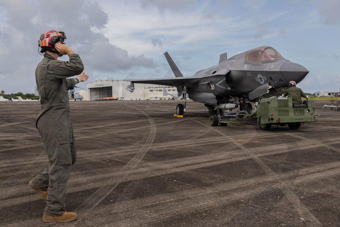 U.S. Marines with Marine Fighter Attack Squadron (VMFA) 225, U.S. Marine Corps Forces, South, utilize a Short for Airfield Tactical Support  loader to load a GBU-54 Laser Joint Direct Attack Munition  onto a U.S. Marine Corps F-35B Lightning II assigned to VMFA-225 at Jose Aponte de la Torre Airport in Ceiba, Puerto Rico, Oct. 31, 2025. U.S. military forces are deployed to the Caribbean in support of the U.S. Southern Command mission, Department of War-directed operations, and the president’s priorities to disrupt illicit drug trafficking and protect the homeland. (U.S. Marine Corps photo)