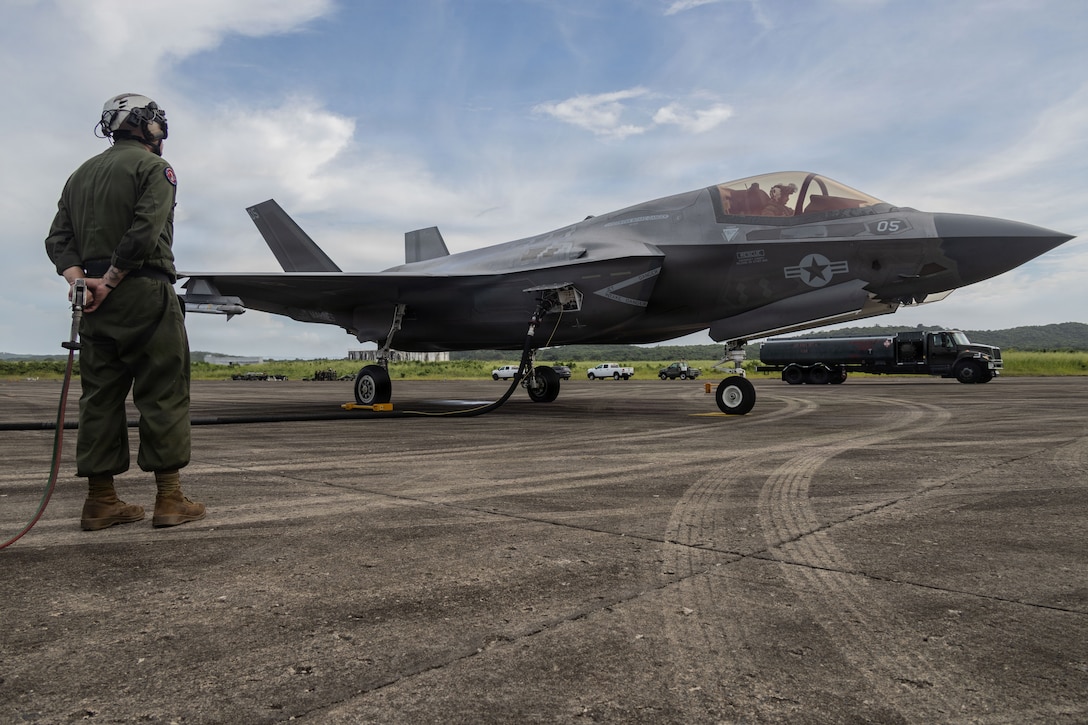 A U.S. Marine Corps F-35B Lightning II assigned to Marine Fighter Attack Squadron (VMFA) 225, U.S. Marine Corps Forces South, receives fuel from a tanker truck assigned to the 346th Air Expeditionary Wing at Jose Aponte de la Torre Airport in Ceiba, Puerto Rico, Oct. 28, 2025. U.S. military forces are deployed to the Caribbean in support of the U.S. Southern Command mission, Department of War-directed operations, and the president’s priorities to disrupt illicit drug trafficking and protect the homeland. (U.S. Marine Corps photo)