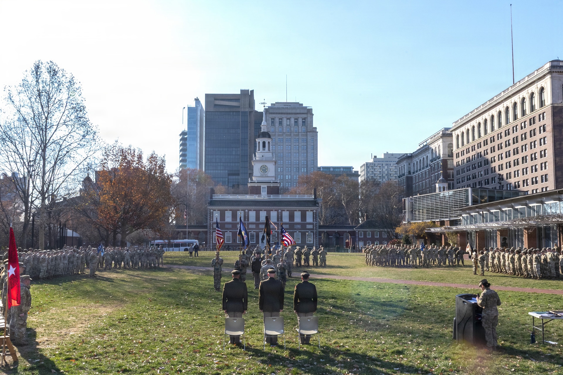 Maj. Michael Tier assumed command of 1st Battalion, 111th Infantry Regiment, 56th Stryker Brigade Combat Team from outgoing commander Lt. Col. David Fittipoldi during a change-of-command ceremony Dec. 7 at Independence Hall in Philadelphia. The 1-111th was founded by Benjamin Franklin on Dec. 7, 1747, and is one of the oldest units in the Pennsylvania National Guard. (U.S. Army National Guard photo by Staff Sgt. Ivan Mendez-Roman)