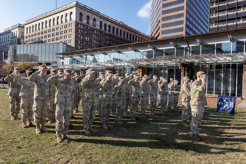 Maj. Michael Tier assumed command of 1st Battalion, 111th Infantry Regiment, 56th Stryker Brigade Combat Team from outgoing commander Lt. Col. David Fittipoldi during a change-of-command ceremony Dec. 7 at Independence Hall in Philadelphia. The 1-111th was founded by Benjamin Franklin on Dec. 7, 1747, and is one of the oldest units in the Pennsylvania National Guard. (U.S. Army National Guard photo by Staff Sgt. Ivan Mendez-Roman)