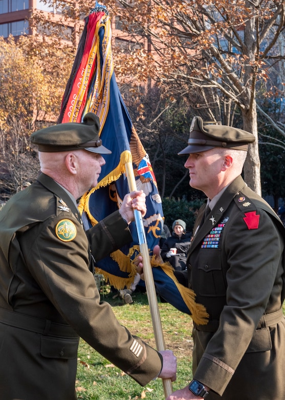 Maj. Michael Tier assumed command of 1st Battalion, 111th Infantry Regiment, 56th Stryker Brigade Combat Team from outgoing commander Lt. Col. David Fittipoldi during a change-of-command ceremony Dec. 7 at Independence Hall in Philadelphia. The 1-111th was founded by Benjamin Franklin on Dec. 7, 1747, and is one of the oldest units in the Pennsylvania National Guard. (U.S. Army National Guard photo by Staff Sgt. Ivan Mendez-Roman)