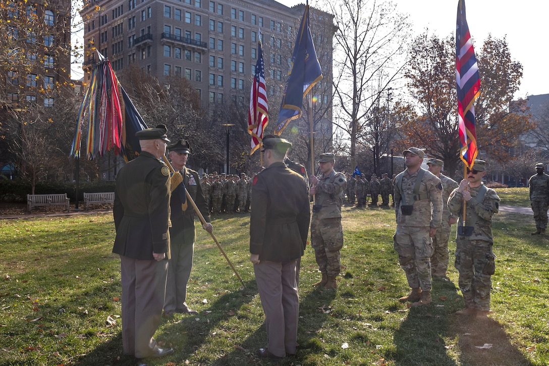 Maj. Michael Tier assumed command of 1st Battalion, 111th Infantry Regiment, 56th Stryker Brigade Combat Team from outgoing commander Lt. Col. David Fittipoldi during a change-of-command ceremony Dec. 7 at Independence Hall in Philadelphia. The 1-111th was founded by Benjamin Franklin on Dec. 7, 1747, and is one of the oldest units in the Pennsylvania National Guard. (U.S. Army National Guard photo by Staff Sgt. Ivan Mendez-Roman)