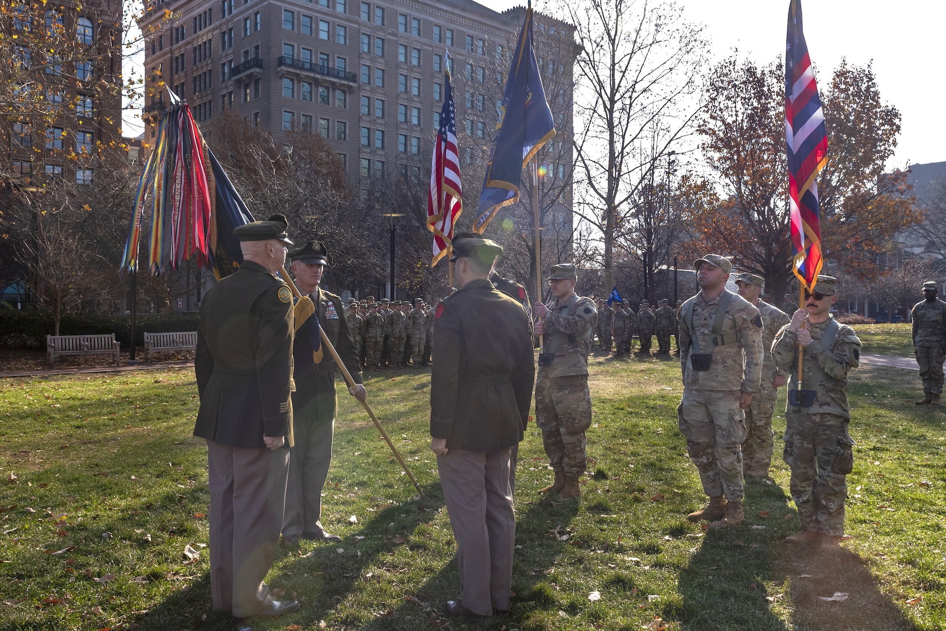 Maj. Michael Tier assumed command of 1st Battalion, 111th Infantry Regiment, 56th Stryker Brigade Combat Team from outgoing commander Lt. Col. David Fittipoldi during a change-of-command ceremony Dec. 7 at Independence Hall in Philadelphia. The 1-111th was founded by Benjamin Franklin on Dec. 7, 1747, and is one of the oldest units in the Pennsylvania National Guard. (U.S. Army National Guard photo by Staff Sgt. Ivan Mendez-Roman)