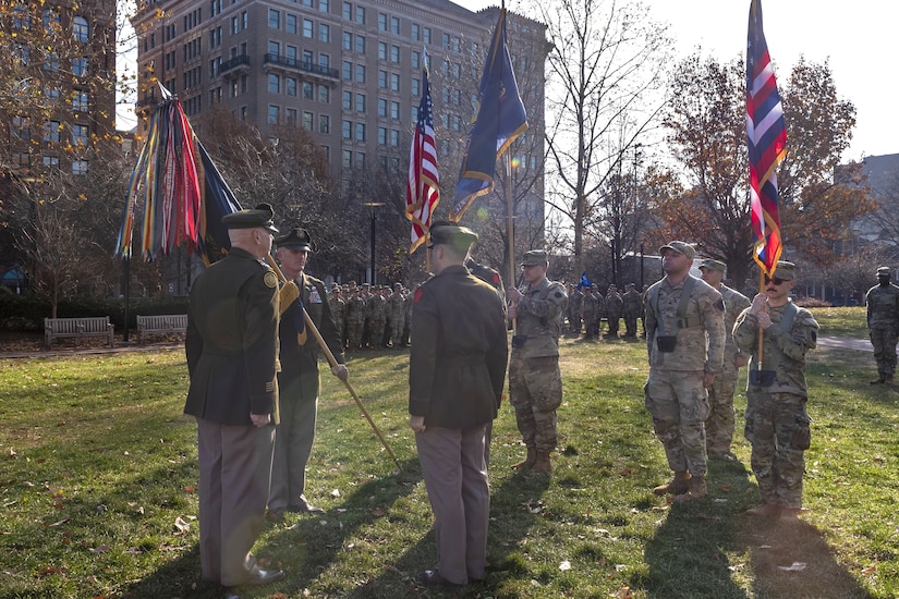 Maj. Michael Tier assumed command of 1st Battalion, 111th Infantry Regiment, 56th Stryker Brigade Combat Team from outgoing commander Lt. Col. David Fittipoldi during a change-of-command ceremony Dec. 7 at Independence Hall in Philadelphia. The 1-111th was founded by Benjamin Franklin on Dec. 7, 1747, and is one of the oldest units in the Pennsylvania National Guard. (U.S. Army National Guard photo by Staff Sgt. Ivan Mendez-Roman)