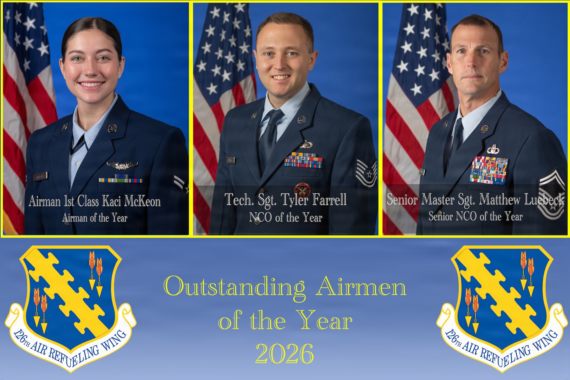 Three Airmen with blue background. At the bottom of the graphic it states Airmen of the Year 2026