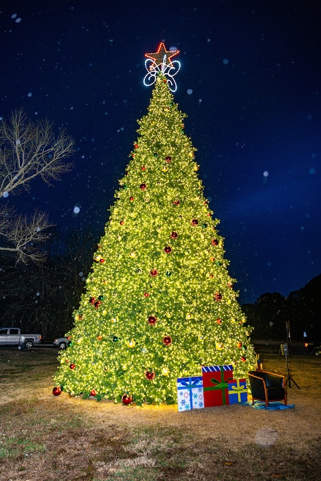 The Arnold Air Force Base Christmas tree is lit during a ceremony Dec. 4, 2025, at Arnold AFB, Tenn., headquarters of Arnold Engineering Development Complex. The tree measures 40 feet tall and 22 feet wide. It is decorated with approximately 300 ornaments and is topped with a 5-foot 3D five-point star. The tree was purchased in 2023 after installation leadership expressed a desire for a Christmas tree to be displayed at a prominent location at Arnold AFB. This marks the third year a ceremony has been held to celebrate its lighting. (U.S. Air Force photo by Keith Thornburgh)