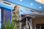 U.S. Navy Rear Adm. Katie Sheldon, vice commander, U.S. 7th Fleet, delivers remarks during the Association of Southeast Asian Nations (ASEAN)-U.S. Maritime Exercise (AUMX) 2025, in Batam, Indonesia, Dec. 10, 2025.