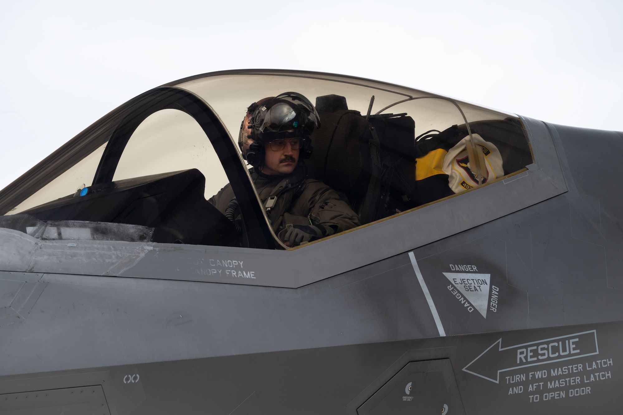U.S. Air Force Capt. Patrick Pearce, 493rd Fighter Squadron pilot, prepares to launch a F-35 Lightning II aircraft for a training mission over the Baltic states from RAF Lakenheath