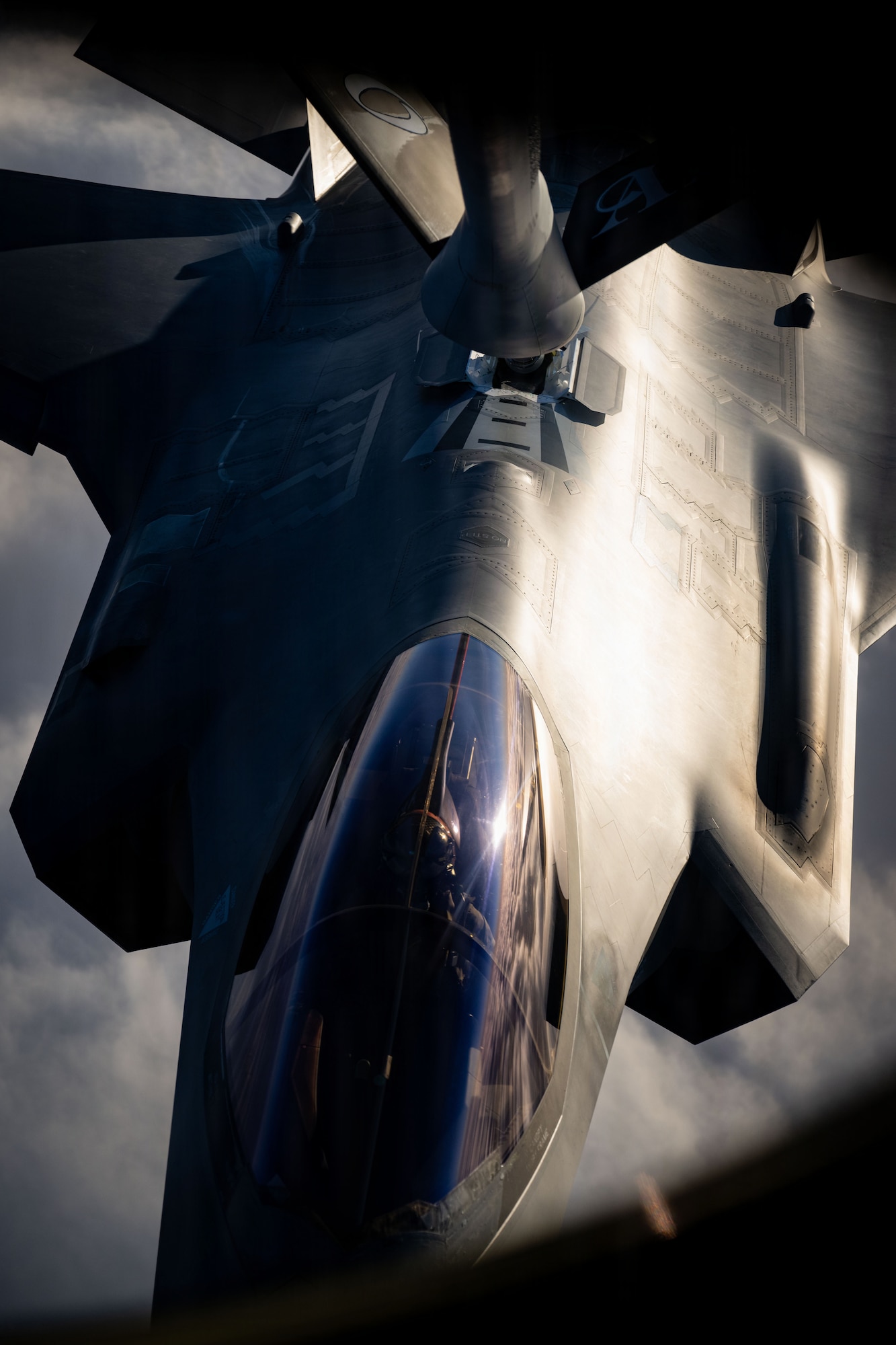 A U.S. Air Force 48th Fighter Wing F-35 Lightning II receives fuel from a 100th Air Refueling Wing KC-135 Stratotanker over the Baltic Sea