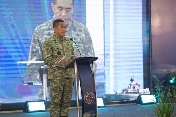 Indonesian National Armed Forces Lieutenant General Tri Budi Utomo, Secretary General, Ministry of Defense, delivers remarks during the Association of Southeast Asian Nations (ASEAN)-U.S. Maritime Exercise (AUMX) 2025, in Batam, Indonesia, Dec. 10, 2025.