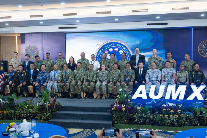 Heads of delegations and senior defense officials from the Association of Southeast Asian Nations pose for a group photo with during the Association of Southeast Asian Nations (ASEAN)-U.S. Maritime Exercise (AUMX) 2025, in Batam, Indonesia, Dec. 10, 2025.
