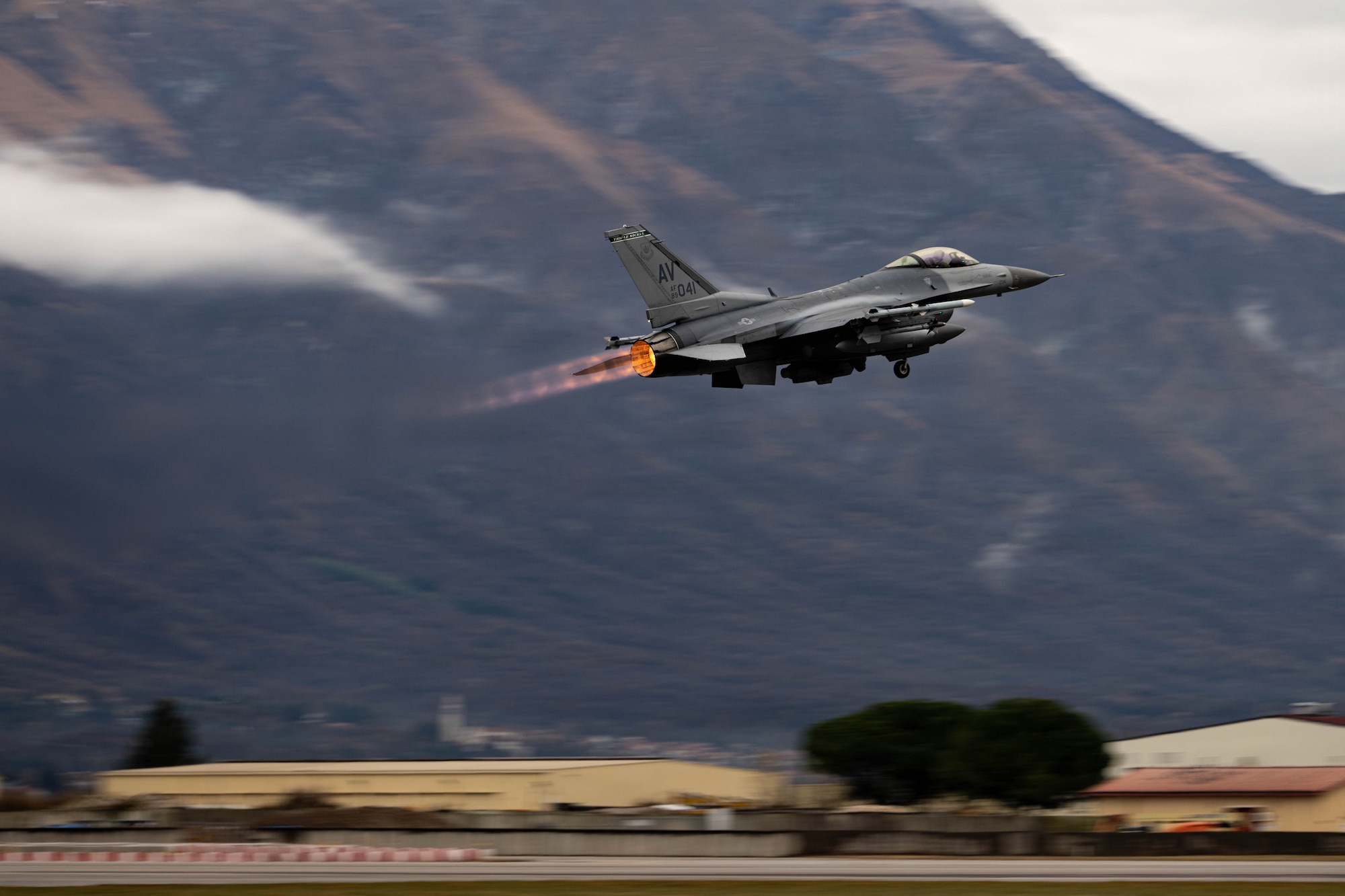 A U.S. Air Force F-16 Fighting Falcon from the 555th Fighter Generation Squadron flies towards Romania to execute routine Agile Combat Employment operations after taking off from Aviano Air Base