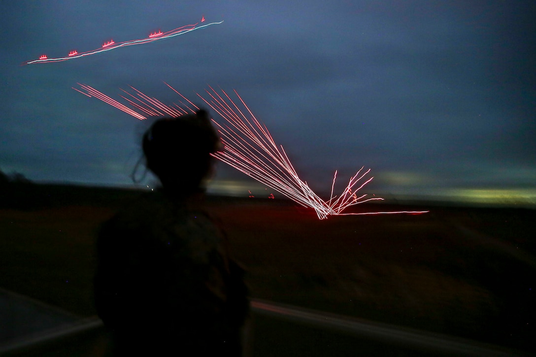 U.S. Marines with 3rd Naval Gunfire Liaison Company, Force Headquarters Group, Marine Forces Reserve, coordinate close air support during a tactical air-control party (TACP) exercise at Rattlesnake Range, Hattiesburg, Mississippi, Dec. 2, 2025. TACP exercises prepare prospective joint terminal attack controllers and joint fires observers for formal schools. (U.S. Marine Corps photo by Lance Cpl. Payton Goodrich)