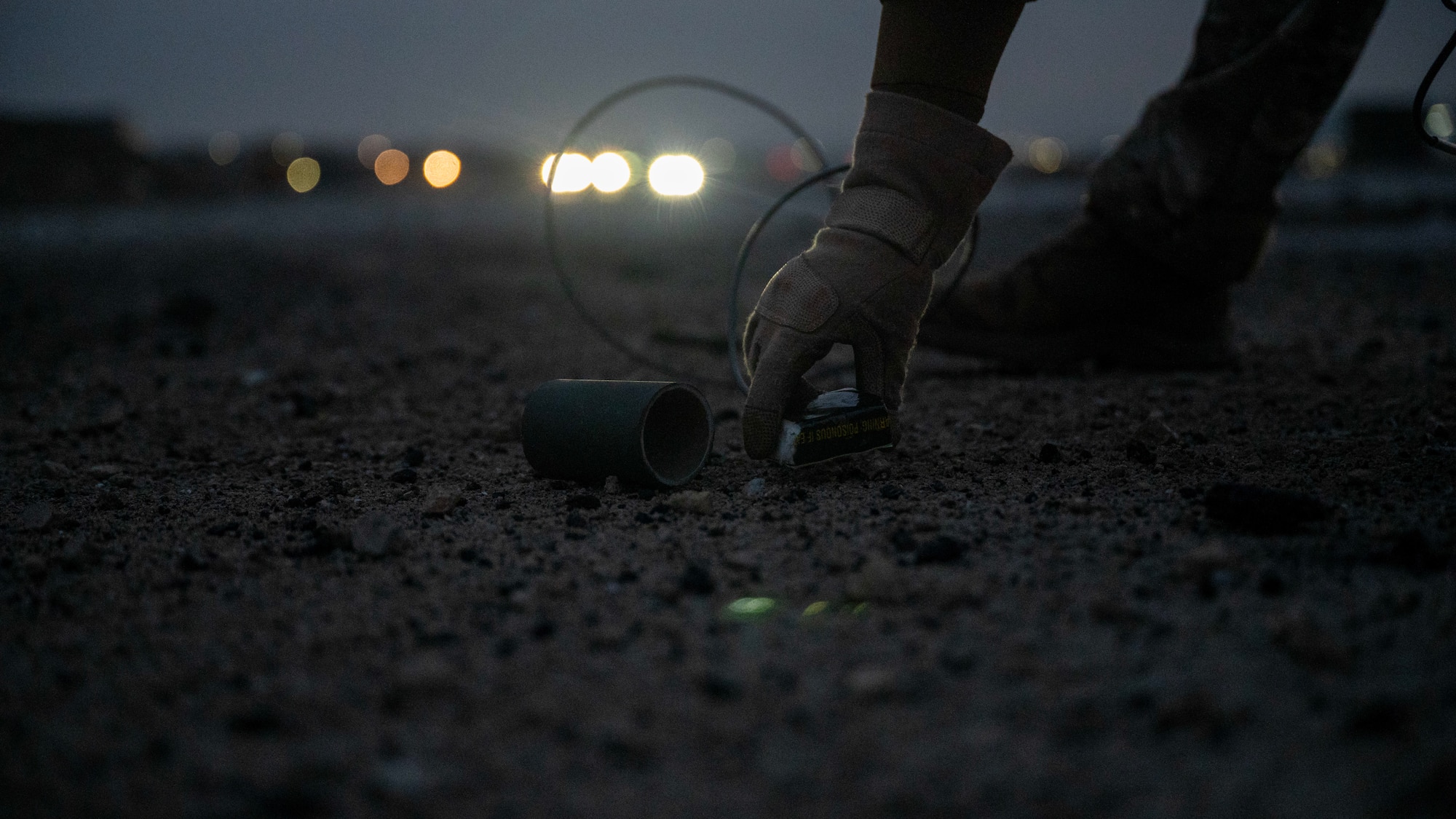 C-4 is placed during MUSTANG RODEO 26-1 at Osan Air Base, Republic of Korea, Dec. 10, 2025. MUSTANG RODEO is a week of focused unit training where squadrons plan and execute part task events to practice the skills Osan Airmen need during contingency operations. (U.S. Air Force photo by Staff Sgt. Sarah Williams)
