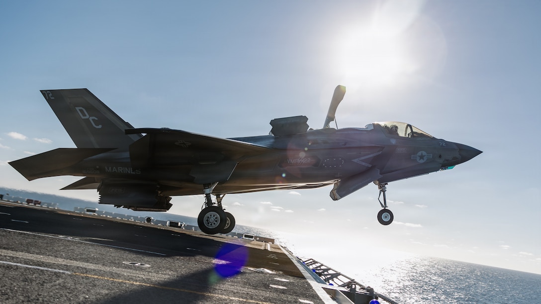 A U.S. Marine Corps F-35B Lightning II with Marine Fighter Attack Squadron (VMFA) 122, 11th Marine Expeditionary Unit, takes off from Wasp-class amphibious assault ship USS Boxer (LHD 4) in the Pacific Ocean, Dec. 5, 2025. The 11th MEU is currently underway aboard the Boxer Amphibious Ready Group in the U.S. 3rd Fleet area of operations conducting integrated training that enhances lethality and warfighting readiness. (U.S. Marine Corps photo by Sgt. Joseph Helms)