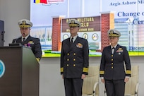 Cmdr. Robert Foster (left) delivers his remarks at the Change of Command Ceremony alongside Capt. Solomon (middle), the 6th Fleet Chaplain, and Cmdr. Carleigh Gregory (right), the incoming commanding officer