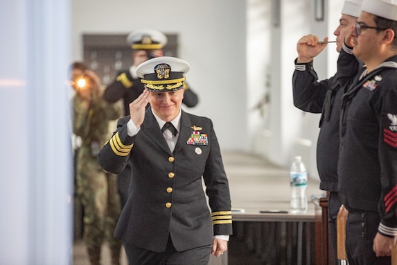 Cmdr. Carleigh Gregory, Aegis Ashore Romania’s 12th commanding officer, departing the Change of Command Ceremony after assuming command.