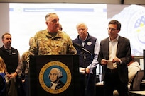 Maj. Gen. Gent Welsh, the adjutant general, Washington National Guard, talks during a news conference with Washington Gov. Bob Ferguson and Robert Ezelle, director of the Washington Emergency Management Division at the State Emergency Operations Center, Camp Murray, Wash., Dec. 10, 2025.
