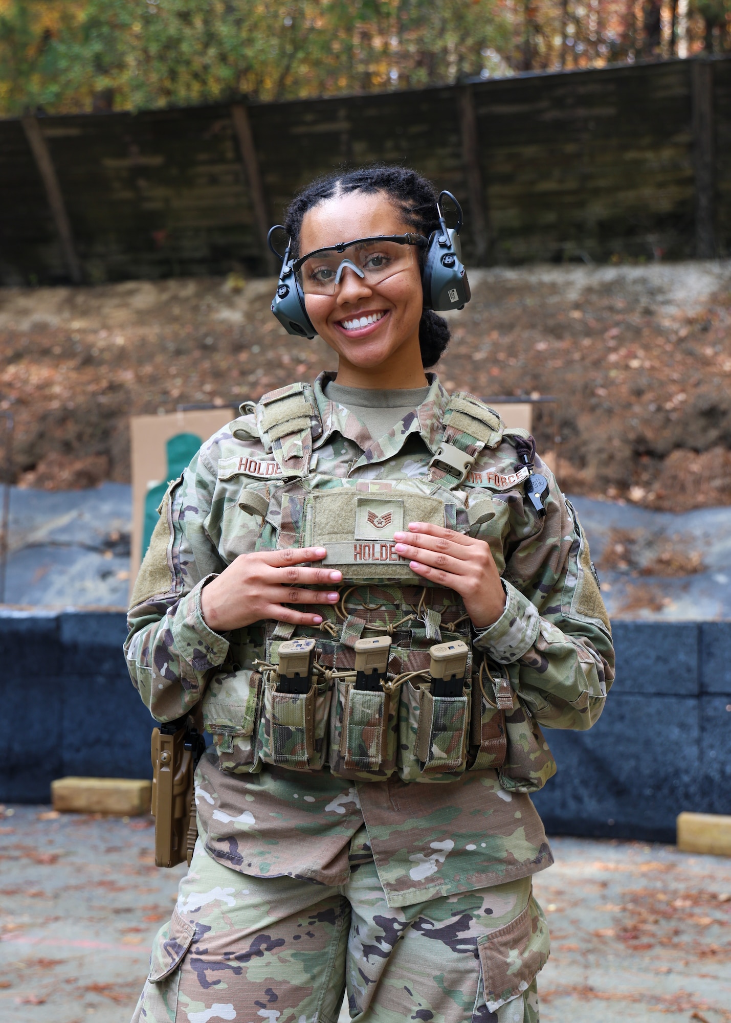 U.S. Air Force Staff Sgt. Taylor J. Holden, 145th Security Forces Squadron team leader, poses for a photo at the Charlotte-Mecklenburg Police Department Training Academy Range, Charlotte, N.C., Nov. 9, 2025.