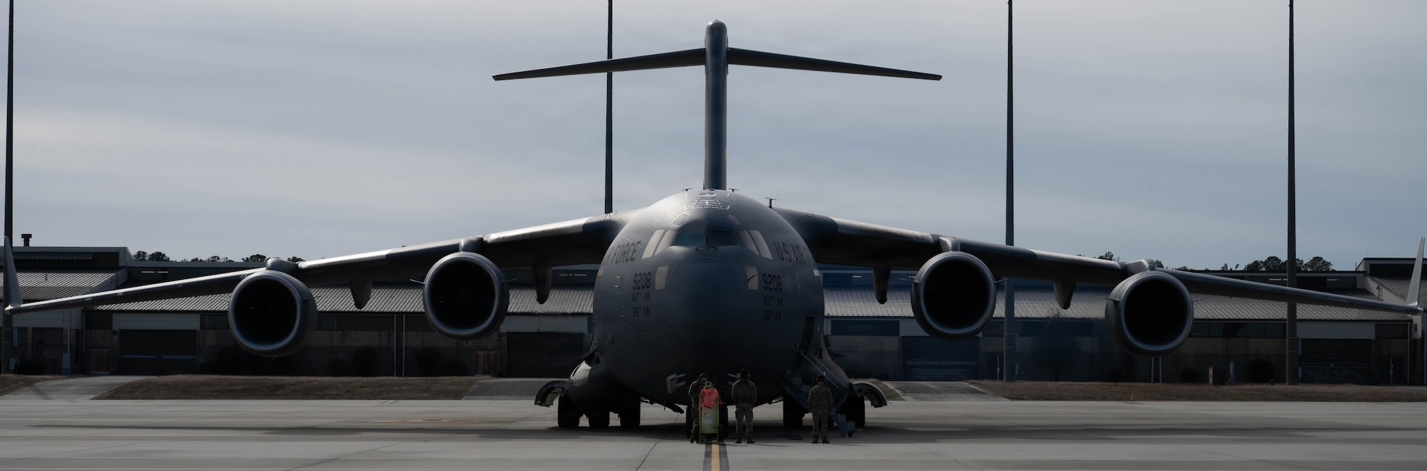 A C-17 Globemaster III assigned to Joint Base Charleston, South Carolina, is parked at Pope Army Air Field, North Carolina.