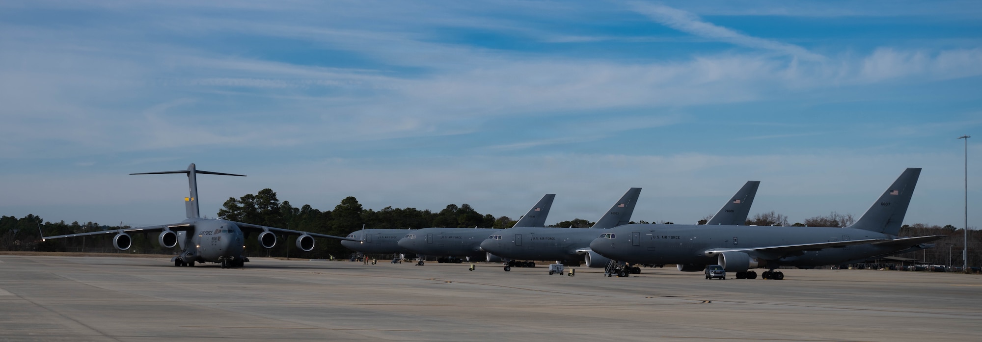 A C-17 Globemaster III assigned to Joint Base Charleston, South Carolina, taxis toward the runway at Pope Army Air Field.