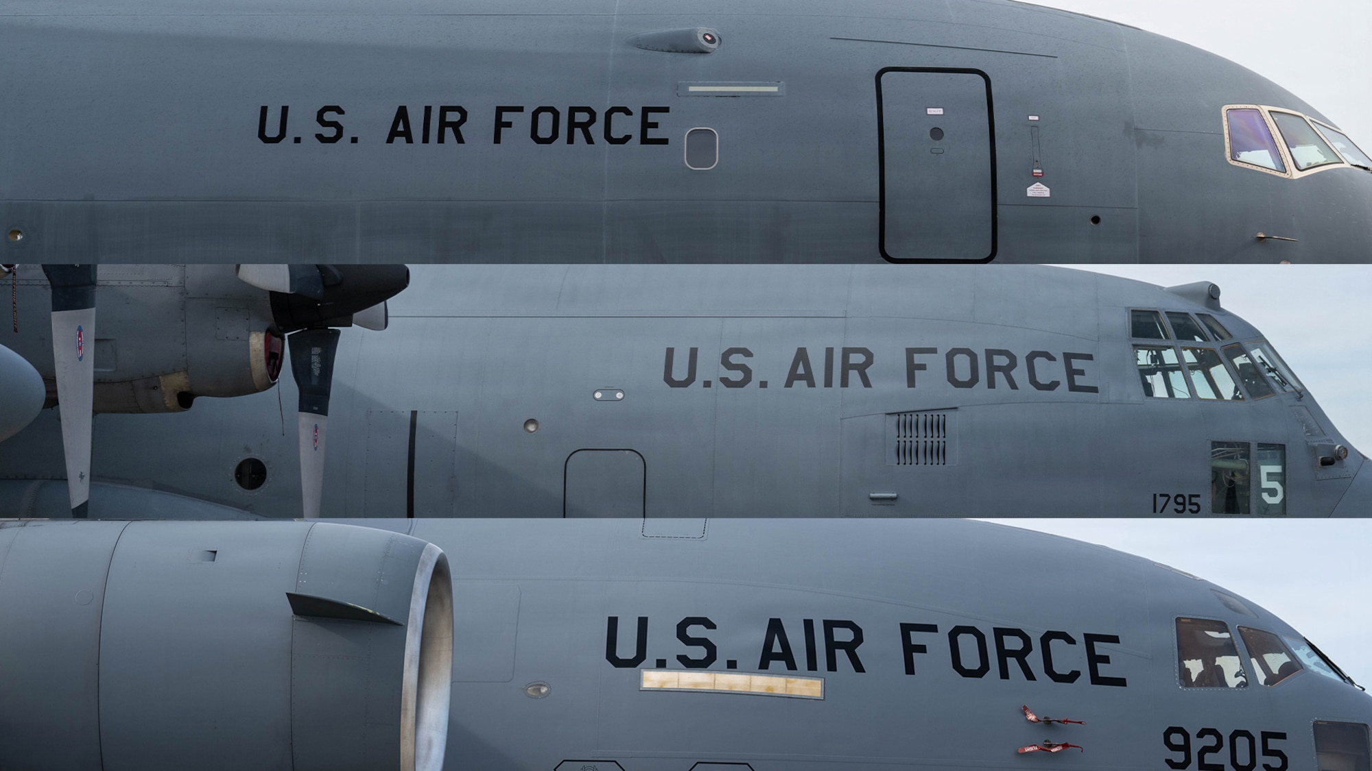 a KC-46 Pegasus, C-130 Hercules, and C-17 Globemaster III are parked at Pope Army Air Field, North Carolina