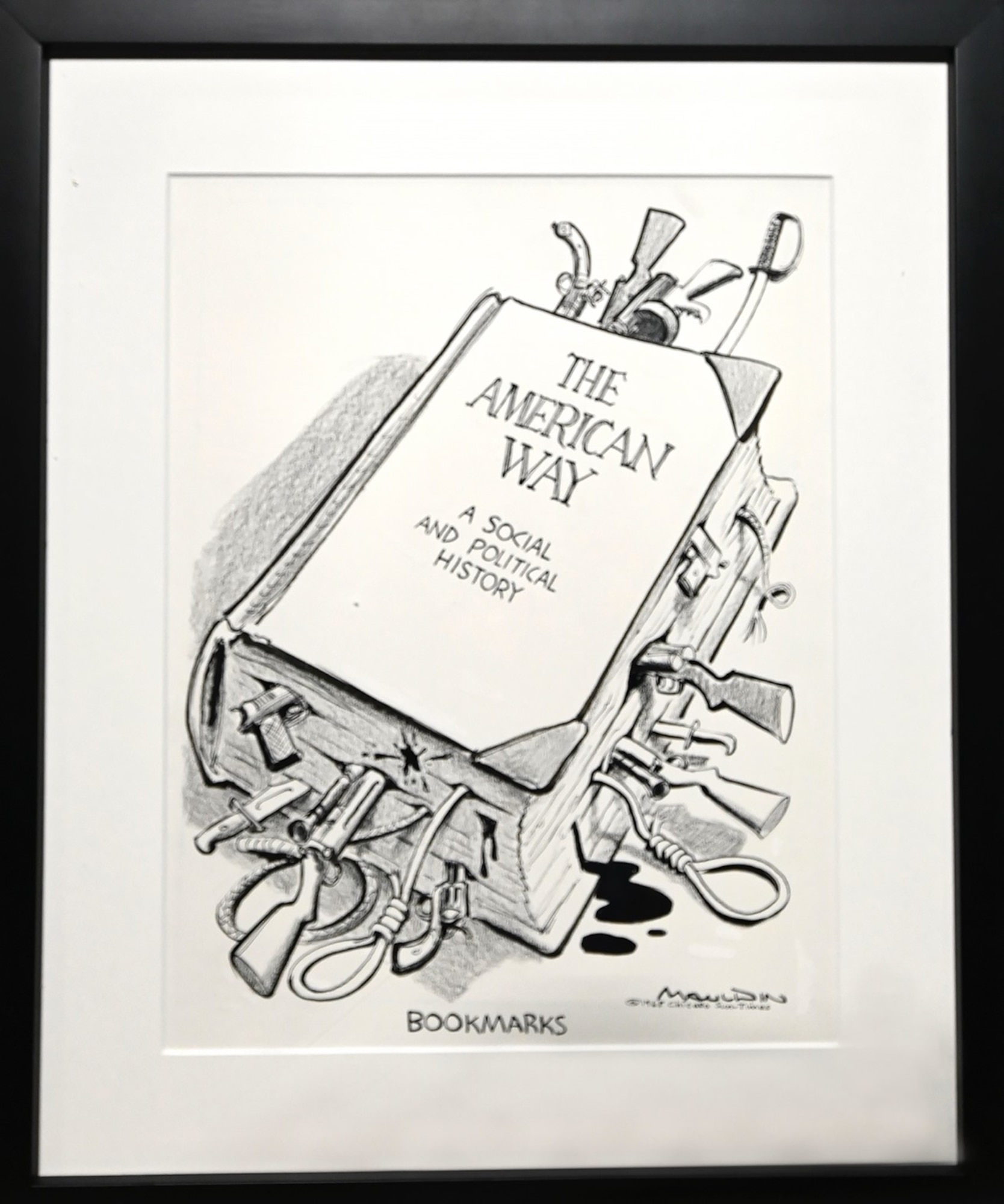 Illustration of an open book with several gun barrels protruding from between the pages like bookmarks.