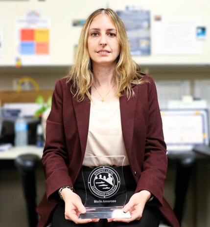 NSWCPD Financial Improvement Audit Remediation (FIAR) Lead Maria Amoroso displays her certificate of completion for the Naval Sea Systems Command (NAVSEA) Journey Level Leadership (JLL) Program. The JLL program aims to develop advanced leadership skills, offer a strategic view of NAVSEA’s enterprise, and boost mission effectiveness through cross-organizational collaboration. (U.S. Navy photo by Spc. Najee Tate-Milton)