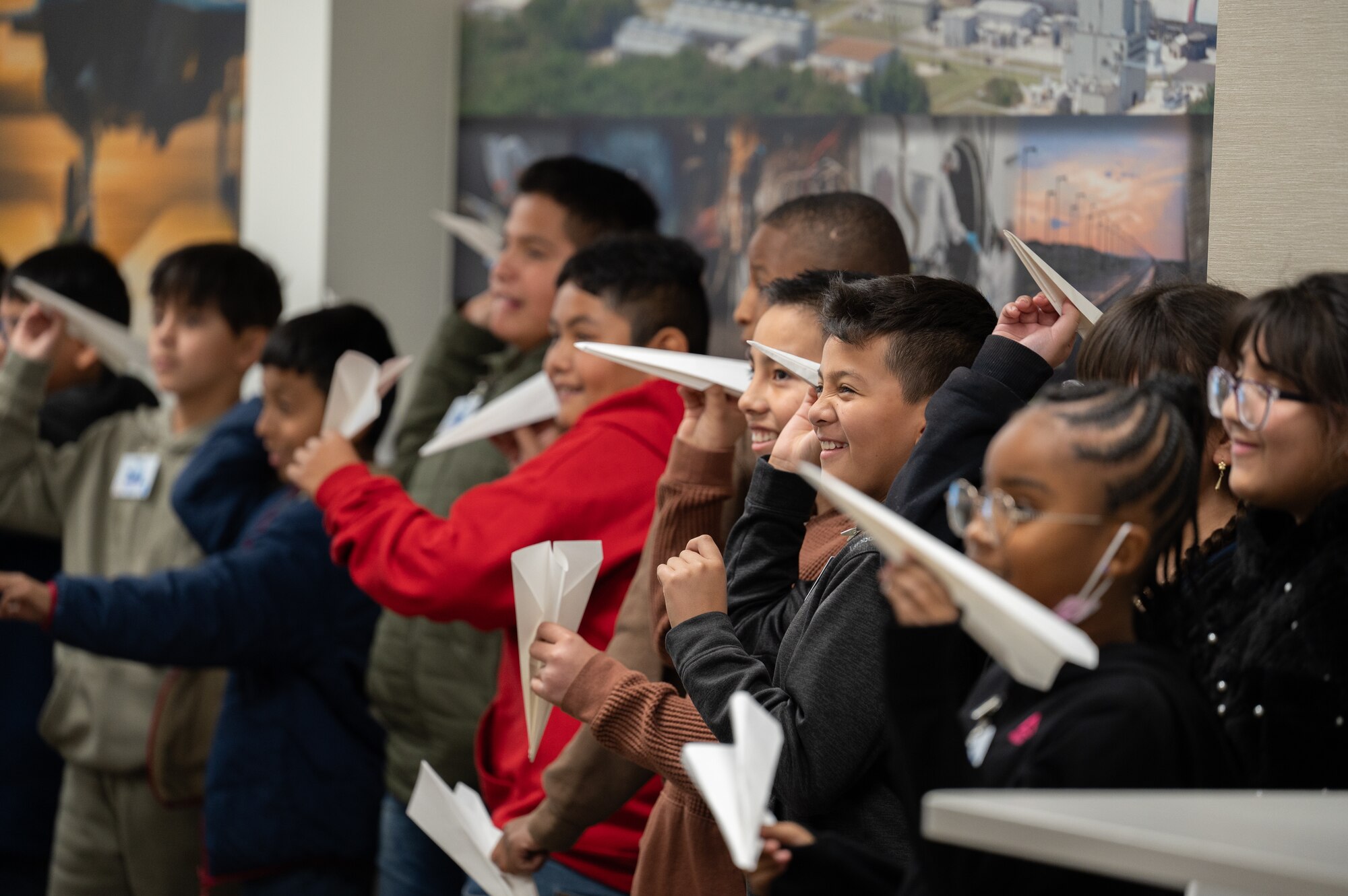 Fifth grade students from East Side Elementary in Lancaster, Calif., participating in STARBASE Edwards, test their paper airplanes