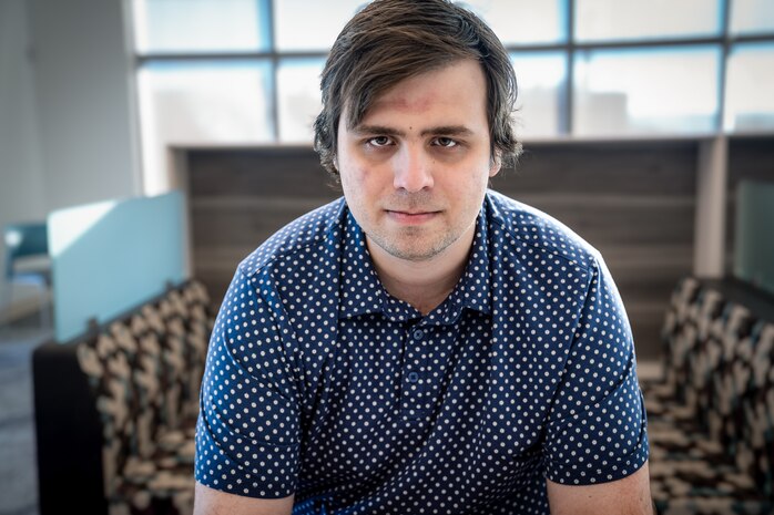 BLACKSBURG, Va. – Will DeStaffan, a computer science graduate student at Virginia Tech, has teamed up with Naval Surface Warfare Center Dahlgren Division to rethink radar clutter. The work is part of the Naval Engineering Education Consortium, an initiative connecting students in project-based research to advance the Navy’s tech capabilities. (Tonia Moxley/Virginia Tech)