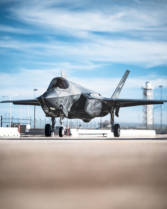 A U.S. Air Force F-35A Lightning II, stationed at the 56th Fighter Wing, accelerates down a runway