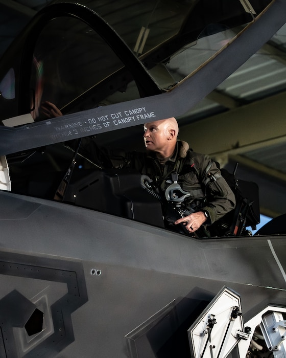 U.S. Air Force Brig. Gen. David Berkland, 56th Fighter Wing commander, exits from an F-35A Lightning II