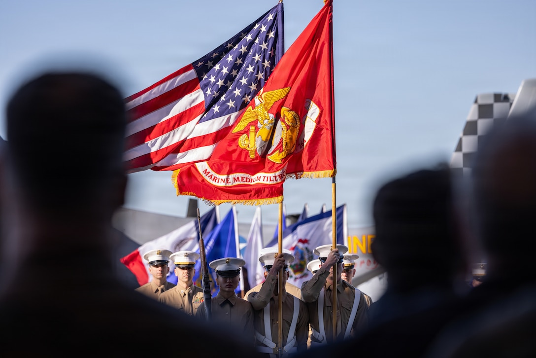 U.S. Marines with Marine Medium Tiltrotor Squadron (VMM) 264, Marine Aircraft Group 26, 2nd Marine Aircraft Wing, take part in a reactivation ceremony at Marine Corps Air Station New River, North Carolina, Dec. 11, 2025. VMM-264’s reactivation adds an additional MV-22B Osprey squadron to 2nd MAW and II Marine Expeditionary Force, providing additional assault support capability. (U.S. Marine Corps photo by Cpl. David Ornelas Baeza)