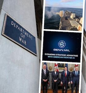 In a graphic, the Department of War sign is seen on a column on the left. On the right, three photos appear. One is a ship firing a weapon while at sea. The middle photo is an AI graphic. The bottom photo is four people posing.