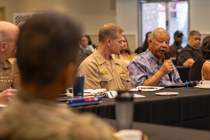 Commonwealth of the Northern Mariana Islands Gov. David Apatang addresses military leaders during the CNMI Stakeholders meeting in Saipan, Dec. 4.
